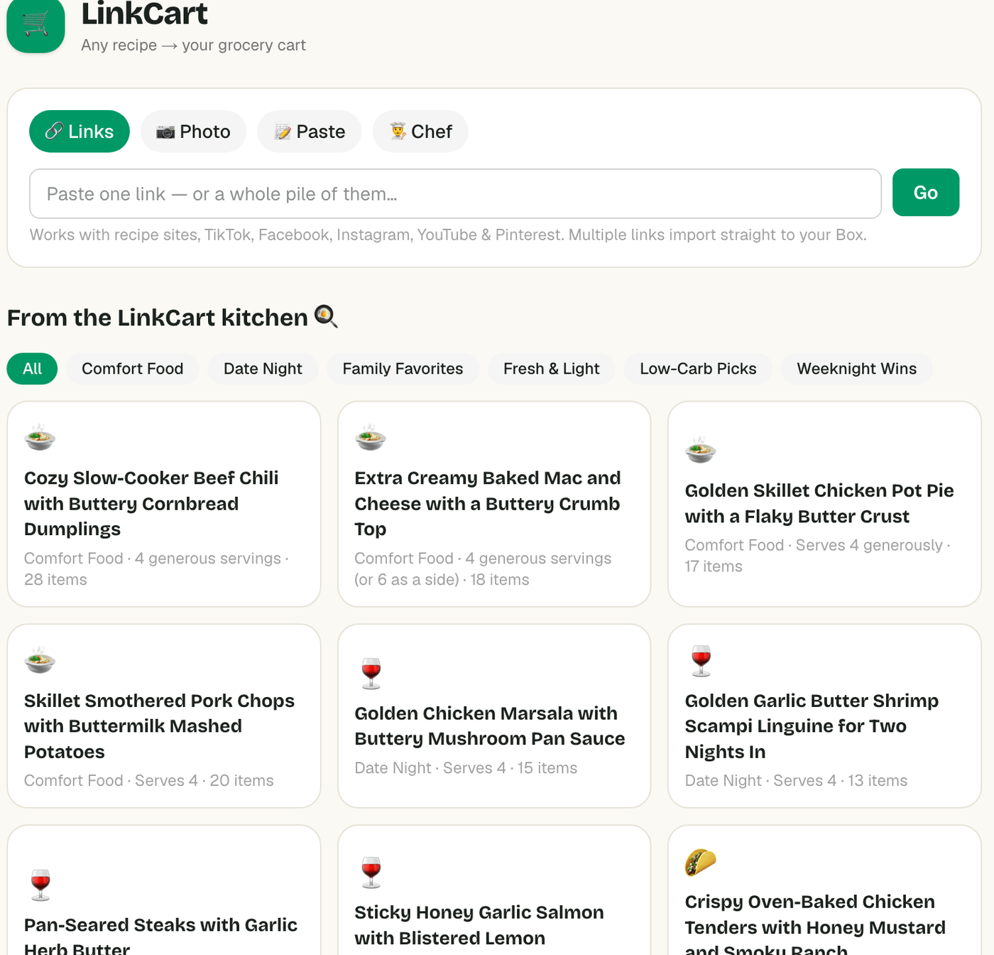 The LinkCart kitchen: a browsable catalog of recipes grouped by Comfort Food, Date Night, Family Favorites and more